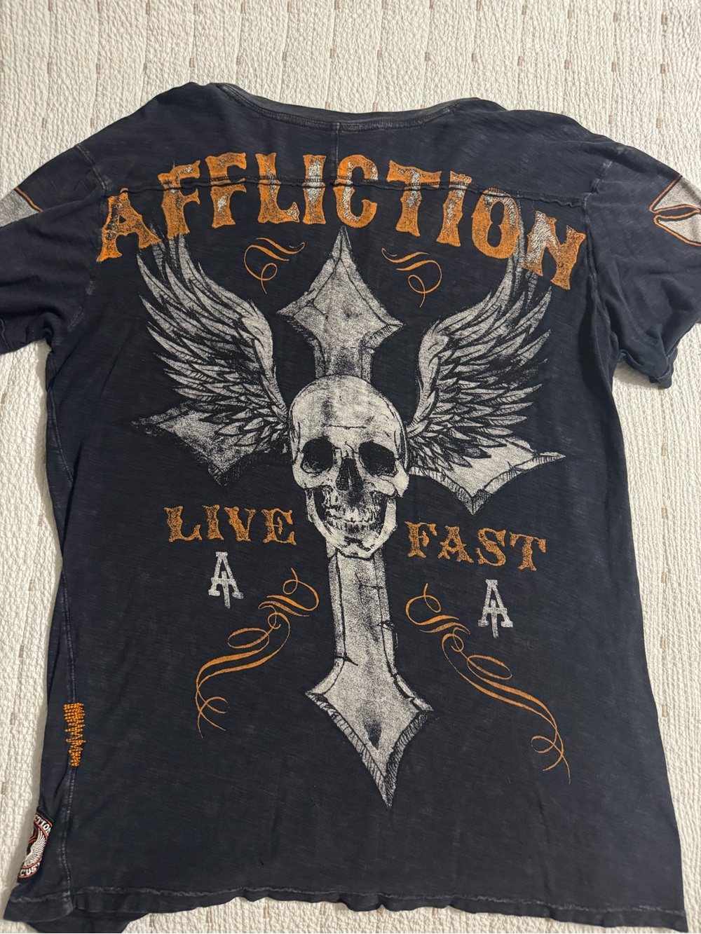 Affliction Black Short-Sleeve Graphic Skull & Wing Tee with Orange Accents